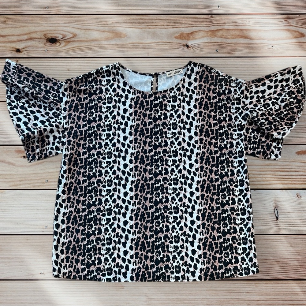 Luvamia Leopard Animal Print Bell Sleeve Blouse Top Extra Large XL
